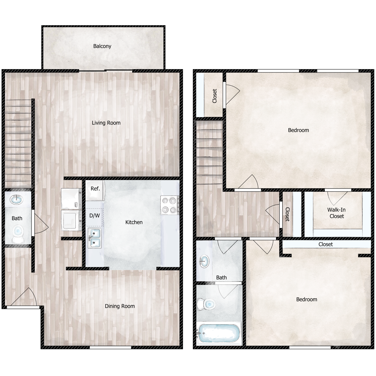 Floor plan for 2 beds, 1.5 baths, 1152 sqft